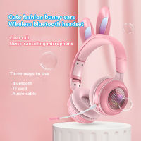 KE-01 LED light wireless bluetooth rabbit ear headphones with pluggable noise reduction long mic music headset support TF card