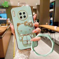 เคสสำหรับ Huawei Mate 30 Mate 30 Pro Mate 40 Mate 40 Pro Mate 50 Pro ตัวชุบโลหะหรูหราแฟชั่น KT กรอบโทรศัพท์มีที่ยึดกระจกเงาโต๊ะเครื่องแป้งแมว + สร้อยข้อมือ