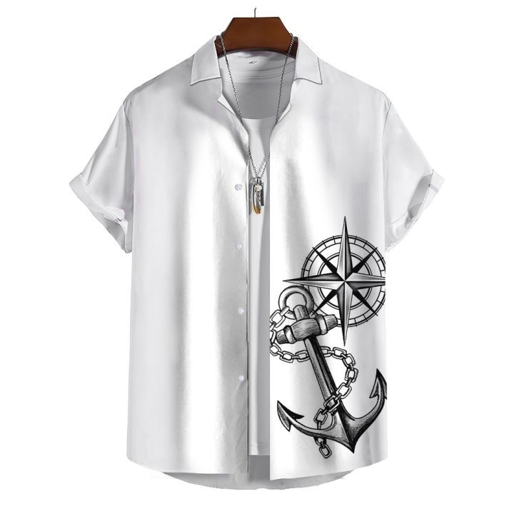 สมอเรือเสื้อผู้ชายวินเทจ3d-เสื้อฮาวาย-เสื้อไฮสตรีทสำหรับผู้ชายเสื้อผ้าฮิปฮอปเสื้อเชิ้ตลำลองฤดูร้อน
