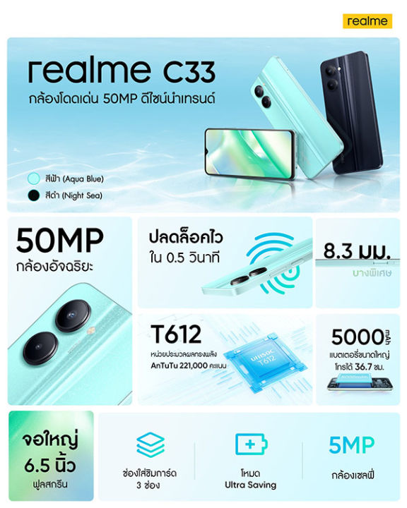 realme-c33-หน่วยความจำ-ram-4-gb-rom-64-gb-สมาร์ทโฟน-โทรศัพท์มือถือ-มือถือ-เรียวมี-โทรศัพท์realme-ราคาถูก-หน้าจอ-6-5-นิ้ว-แบตเตอรี่-5-000-mah-ชาร์จไว-10w