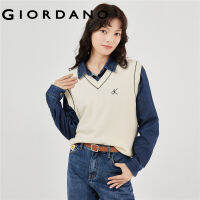 GIORDANO Women Sweaters Letter Embroidery Sleeveless Knit Vests Contrast Color V-Neck Warm Fashion Casual Knit Tops 13353773