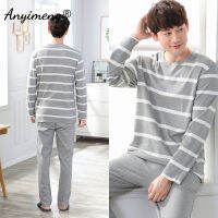 Korean Minimilist Style Men Pajamas Set Long Sleeve Long Pants Cotton Sleepwear for Boy Leisure Mens Pijamas Fashion Homesuits