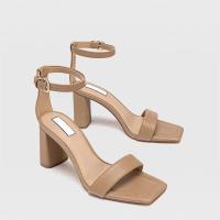 2023 New Brown Straight Line with Square Head Thick High Heel Sandals for Women