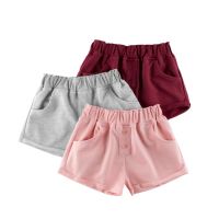 Summer Children Cotton Shorts Girl Pants with Pocket Kids Grey Pink Elastic Waist Casual Clothes Trousers Bottom for 2-10 Years