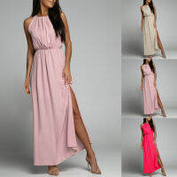 ผู้หญิงฤดูร้อนแขนกุดแยกยาวชุดลำลองผ้าฝ้าย Elastics เอว Elegant Maxi Dress Vintage Harajuku หลวม Vestidos