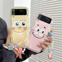 เคสนิ่มลายคลื่นสำหรับ Samsung Galaxy Z Flip5 Flip4 Flip3 5G ฝาครอบป้องกันการ์ตูน SpongeBob ใสรูปคลื่น TPU มีโซ่