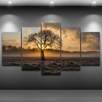 Canvas Painting Vintage Wall Art Frame Printed Pictures 5 Panel Poster Sunrise Tree Landscape Photo For Living Room Decor PENGDA