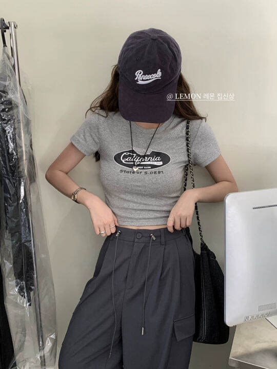 hilady-เสื้อยืดแขนสั้นพิมพ์ลายคอกลมเรียบง่ายสำหรับผู้หญิงสไตล์เกาหลีลำลองใหม่ของเซ็กซี่สลิมฟิต