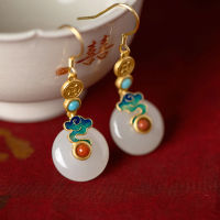 S925 sterling silver inlaid with Hotan Jade white jade safety button earrings artistic temperament Chinese style national style earrings F5GD