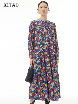 XITAO Dress Pleated Goddess Fan Casual Vintage Full Sleeve Print Dress