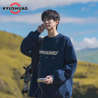 KYUSHUAD สเวตเชิ้ตคู่บางลำลองเสื้อกันหนาวพิมพ์ลาย,อเมริกาแบบย้อนยุคของผู้ชายคอกลมหลวมและอเนกประสงค์