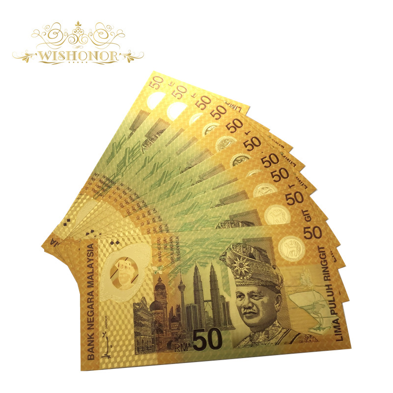 New Arrival Malaysia 50 Ringgit Colorful 24k Gold Plated Gold Banknote Art Craft 