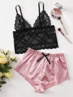 [COD] Send new and sexy black home clothes two-piece suit fashionable comfortable lace pajamas set