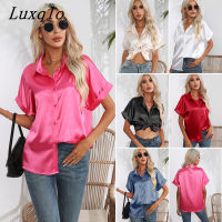 Luxqlo เสื้อเสื้อเชิ้ตผ้าไหมสตรีแขนสั้น2023ใหม่,เสื้อเบลาส์แฟชั่นทรงหลวมลำลองสีพื้นเสื้อผู้หญิงฤดูร้อน