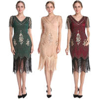 KK1920s Gatsby Flapper Beaded ชุด Vintage Elegant ตาข่ายแขนสั้นเลื่อม V-Necek Prom Party Dressq11