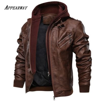 ZZOOI APPEARWAY Spring Antumn Men Brown Leather Motorcycle Jacket With Removable Hooded Male PU Jacket Coat EU Size High Quality