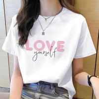 เสื้อยืดแขนสั้นพิมพ์ลายกราฟิกสำหรับผู้หญิงเสื้อผ้าลำลองยุค90พิมพ์ลายตัวอักษร Love สไตล์เสื้อยืดธรรมดา