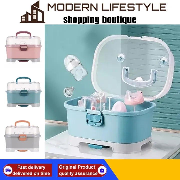 Baby Milk Bottle Storage Box Drying Rack with Cover Carry Handle Milk