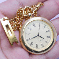 นาฬิกา Vintage มือสองญี่ปุ่น Pocket Watch นาฬิกาพก ระบบ QUARTZ พร้อมโซ่ ทรงกลม กรอบทอง หน้าปัดตัวเลขโรมัน หน้าปัด 40มม. ตัวเรือนสแตนเลสใช้งานได้ปกติ สภาพดี ของแท้ ไม่กันน้ำ