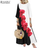 ☊ ZANZEA Women Vintage Floral Printed Three Quarter Sleeve Loose Long Dress