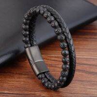 New Charm Weaving Leather Combination Volcano Stone Beaded Bracelets Mens Stainless Steel Magnetic Buckle Bangles Wholesale Pendants