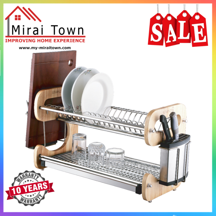 LEVANZO Kitchen Organizer Tray 2 Tiers Dish Rack Standing Dish Drying Rack Stainless Steel Dish