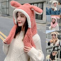 Movable Rabbit Ear Hat w Scarf 2 in 1 Furry Hoodies Hat Sweet Headband for Women Teen Girls Windproof Combo