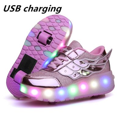 USB LED รองเท้าเด็กชาร์จสำหรับเด็กชายและเด็กหญิงรองเท้ากีฬาสองล้อ (27-40 ปี)