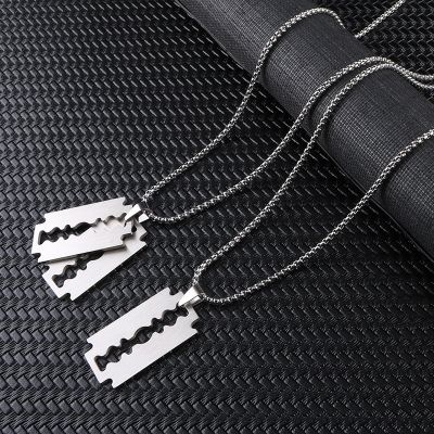 Fashion Silver Color Stainless Steel Razor Blades Pendant Necklaces Men Jewelry Steel Male Shaver Shape Sweater Necklace Gifts