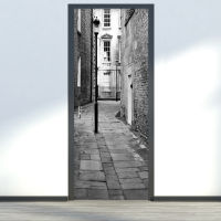 Black And White Street Retro Door Sticker 3D Creative DIY Wallpaper Living Room PVC Self-Adhesive Home Door Decals Wall Stickers