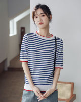 เสื้อเบลาส์ลายทางสำหรับผู้หญิง,ใหม่2022เสื้อยืดถักตัดกับคอกลมหลวมแขนสั้นสไตล์เกาหลี