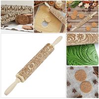 Embossed Rolling Pins Snowflake Elk Pattern Wooden Rolling Pin Christmas Cookies Biscuit Fondant Cake Dough DIY Tool 35*4.5cm Bread  Cake Cookie Acces