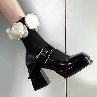 Women Black White High Heel 9Cm Platform  Pumps Shoes Round Toe Wedding Party Mary Jane Square Heel Shallow Pumps A25-69