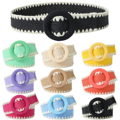 Beltox Women Fashion Belt Straw Woven Elastic Wide Strap With Matching Round Buckle