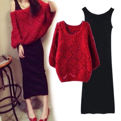 [COD] and Hollow Knitwear Korean Loose Short Bat Sleeve Sweater Pullover Two-piece