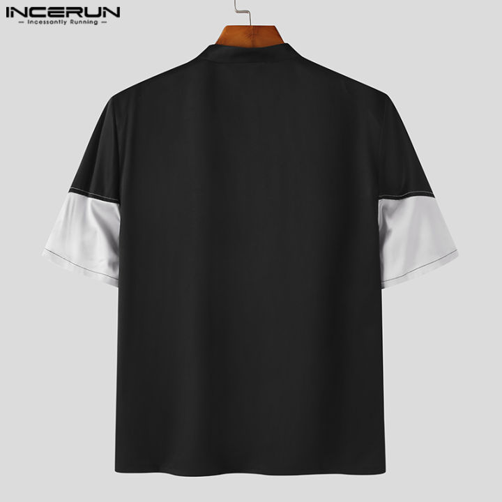 incerun-เสื้อผู้ชายแขนสั้นมีซิปลายกราฟฟิกดีไซน์สุดฮิต-สไตล์เกาหลี