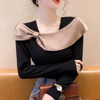 #8359 Spring Long Sleeve T Shirt Women Square Collar Spliced Color Bow Slim Korean Style Tee Shirt Femme Office Womens Tshirt