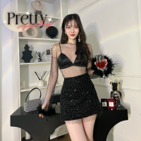 SEOULMATE PRETTY PARTY #SM6634 เดรสตาข่ายเพชรยืดหยุ่นตามตัวตกแต่งด้วยขนนกช่วงแขน