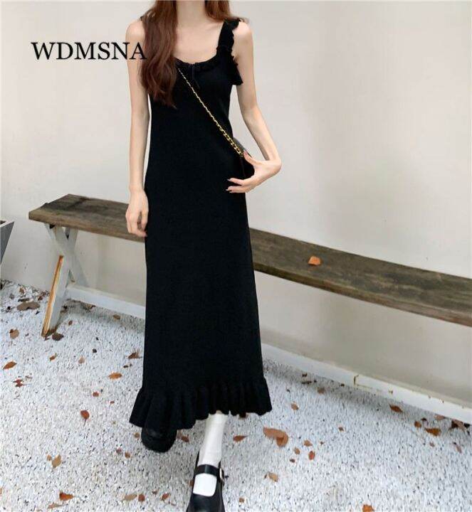 wdmsna-เสื้อถักสไตล์ฝรั่งเศสกระโปรงยาวปานกลางสีดำใหม่สำหรับฤดูใบไม้ผลิ2023เสื้อแขนกุดแต่งระบายแบบชุดเดรสหน้าร้อน