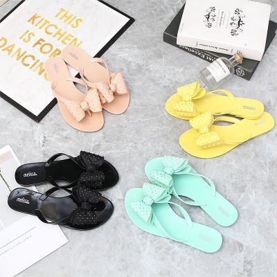 Melissa flip flops ฤดูร้อนใหม่ของผู้หญิงสวมใส่ชายหาดแนวโน้มแฟชั่นอีเบย์เยลลี่โบว์รองเท้าแตะแบน9201