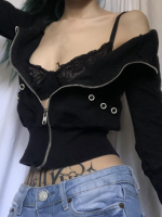 Gothic แขนยาว Crop Top แจ็คเก็ตปิดไหล่ Hoodies ผู้หญิง Y2k Aesthetic Grunge Slim แจ็คเก็ตกระเป๋า Vintage Fairy Streetwear