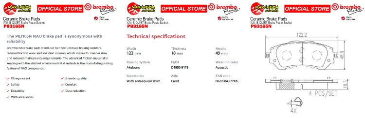 Brembo Brake Pads (P83165N) Toyota Vios 1.3, Yaris 2013 - 2023