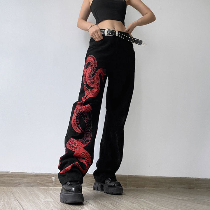 กางเกงขากว้างสไตล์จีนกางเกงยีนส์พิมพ์ลายงูแนวสตรีทกางเกงยีนส์สีดำโกธิค