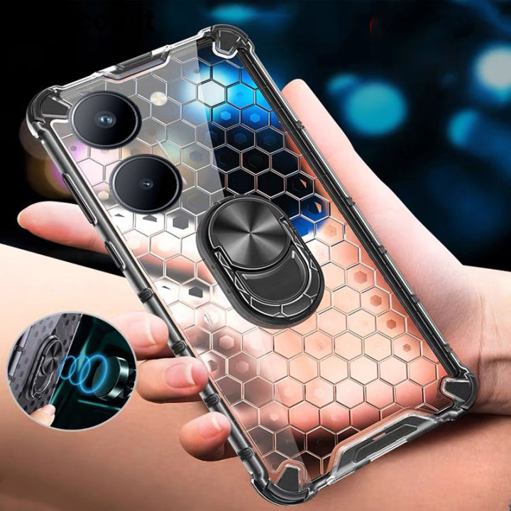 เคสโทรศัพท์สำหรับ-realme-10-pro-plus-ฝาครอบรังผึ้งใสวงเล็บที่มองไม่เห็นรถยนต์เคสสำหรับ-realme-เกราะแม่เหล็ก-realme-10-pro-plus