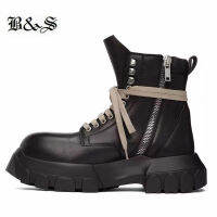 Black &amp; Street High Top แฟชั่นอังกฤษหนังแท้วินเทจรองเท้าผ้าใบร็อคด้วงแพลตฟอร์มรองเท้า ~