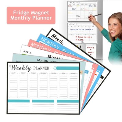 【lz】┋◘  Magnético seco apagar conjunto de calendário mensal-placa branca magnética planejador semanal e lista de compras organizador para geladeira de cozinha