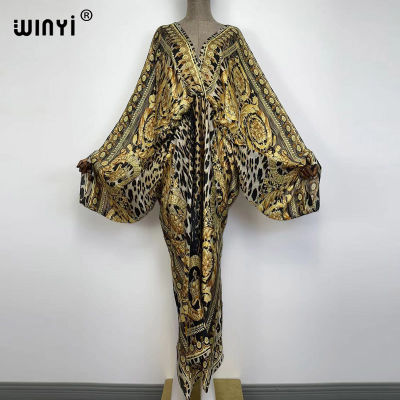 Sexy bech high-quality hand-rolled feel silk rayon fashion print 2021 WINYI Maxi womens robes long beach V-neck Bohemian dress