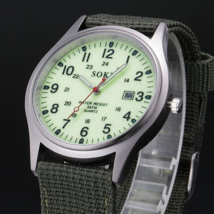 นาฬิกาข้อมือควอตซ์กีฬาสแตนเลสสายนาฬิกาผ้าใบวันที่ทหารทหารทหารผู้ชาย