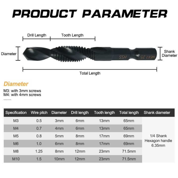 6pcs-m3-m10-drilling-tool-tap-drill-with-threaded-cut-countersink-thread-kit-hss-meter-m8-hand-tools-sets-die-set-metal-bit-hex