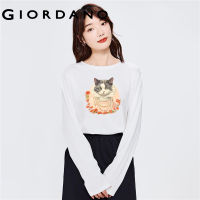 GIORDANO Women Autumn Series T-Shirts Rich Cat Print 100% Cotton Tee Crewneck Long Sleeve Simple Fashion Casual Tshirts 99393258